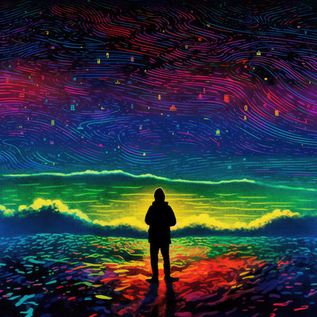 In this gloomy and atmospheric design, a lonely figure stands on a dark beach, peering into the vast expanses of the digital world. At the top, a swirling swirl of neon colors and social media icons is visible, testing to the all-encompassing power of the online world. The overall effect is intrusive and makes you think, hinting at the complexity of our relationship with social networks. Generative AIの素材