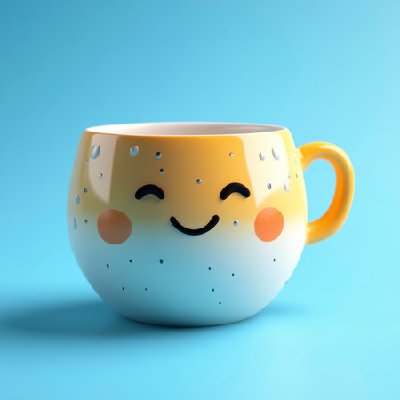 A coffee cup with a smiley face on a blue background embodies the concept of a happy morningの素材