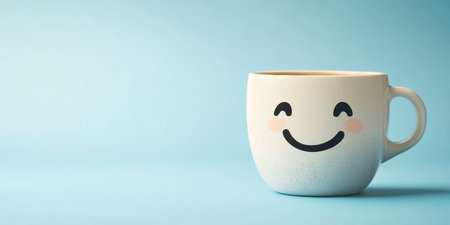 A coffee cup with a smiley face on a blue background embodies the concept of a happy morningの素材