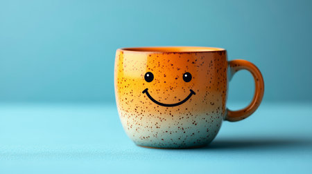A coffee cup with a smiley face on a blue background embodies the concept of a happy morningの素材