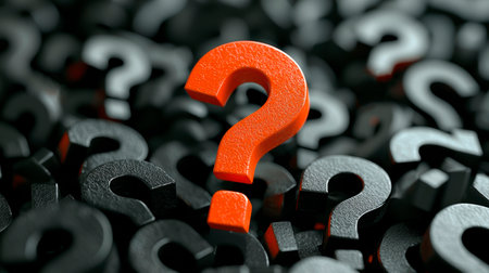 Concept illustration of the red question mark stands out against the black, symbolizing urgency and importance.の素材