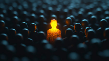 Concept illustration of a person shines against a background of dark figures, symbolizing individuality, confidence and personal growthの素材