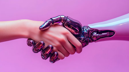 Concept illustration of a human and a robot shake hands, symbolizing the cooperation between AI and humans.の素材