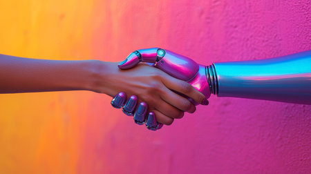 Concept illustration of a human and a robot shake hands, symbolizing the cooperation between AI and humans.の素材