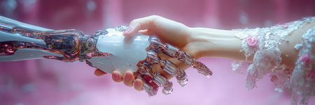 Concept illustration of a human and a robot shake hands, symbolizing the cooperation between AI and humans.の素材