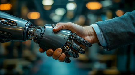 Concept illustration of a human and a robot shake hands, symbolizing the cooperation between AI and humans.の素材