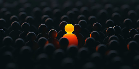 Concept illustration of a person shines against a background of dark figures, symbolizing individuality, confidence and personal growthの素材