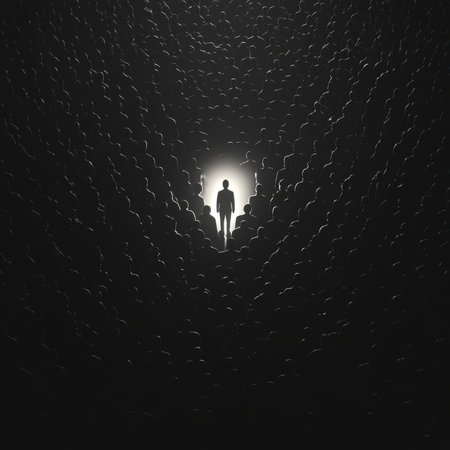 Concept illustration of a person shines against a background of dark figures, symbolizing individuality, confidence and personal growthの素材