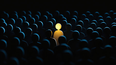 Concept illustration of a person shines against a background of dark figures, symbolizing individuality, confidence and personal growthの素材