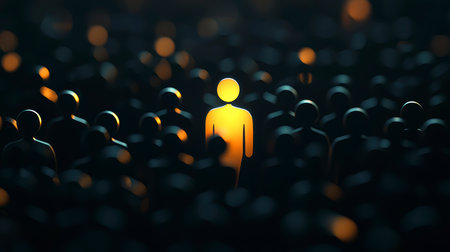 Concept illustration of a person shines against a background of dark figures, symbolizing individuality, confidence and personal growthの素材