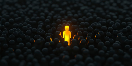Concept illustration of a person shines against a background of dark figures, symbolizing individuality, confidence and personal growthの素材
