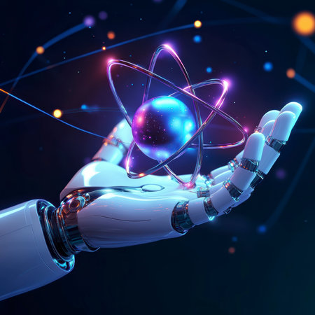 Concept illustration of ai generates nuclear energy. A futuristic robot arm holds an atom with a neon glow.の素材