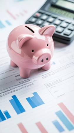 Concept illustration of a pink piggy bank on the background of financial charts and a calculator symbolizes financial managementの素材
