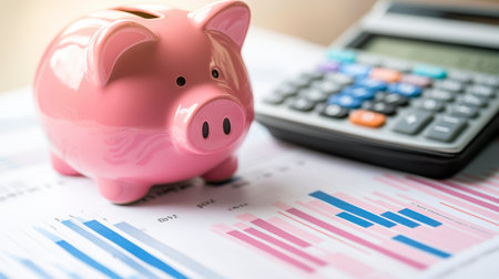 Concept illustration of a pink piggy bank on the background of financial charts and a calculator symbolizes financial managementの素材