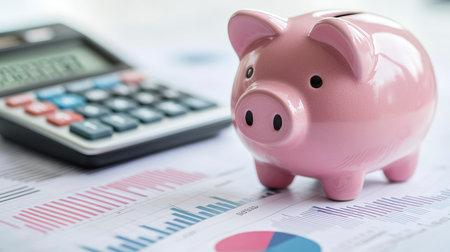 Concept illustration of a pink piggy bank on the background of financial charts and a calculator symbolizes financial managementの素材