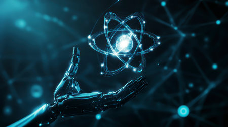 Concept illustration of ai generates nuclear energy. A futuristic robot arm holds an atom with a neon glow.の素材