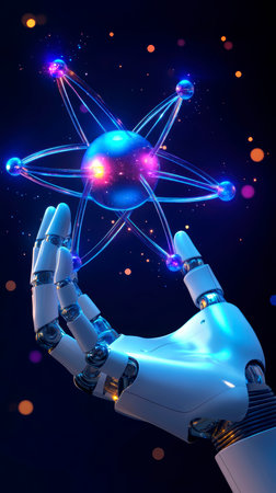 Concept illustration of ai generates nuclear energy. A futuristic robot arm holds an atom with a neon glow.の素材