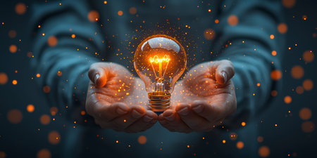 Concept illustration of a businessman holds a glowing light bulb in his hand, symbolizing ideas and innovations with AI for business.の素材