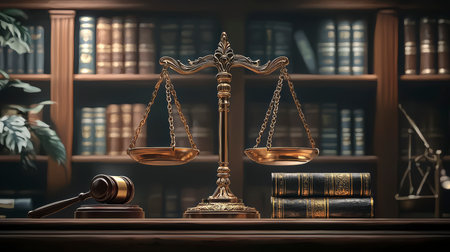 Concept illustration of a the scales of justice and the hammer on the wooden table symbolize justice in courtの素材