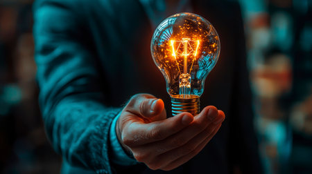 Concept illustration of a businessman holds a glowing light bulb in his hand, symbolizing ideas and innovations with AI for business.の素材