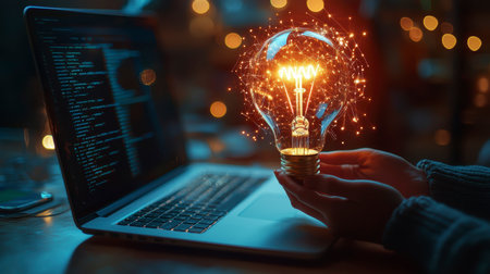 Concept illustration of a businessman holds a glowing light bulb in his hand, symbolizing ideas and innovations with AI for business.の素材