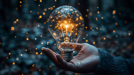 Concept illustration of a businessman holds a glowing light bulb in his hand, symbolizing ideas and innovations with AI for business.の素材