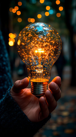 Concept illustration of a businessman holds a glowing light bulb in his hand, symbolizing ideas and innovations with AI for business.の素材