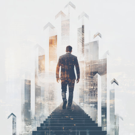 Concept illustration of a businessman climbs a ladder against the backdrop of the city, symbolizing business growthの素材