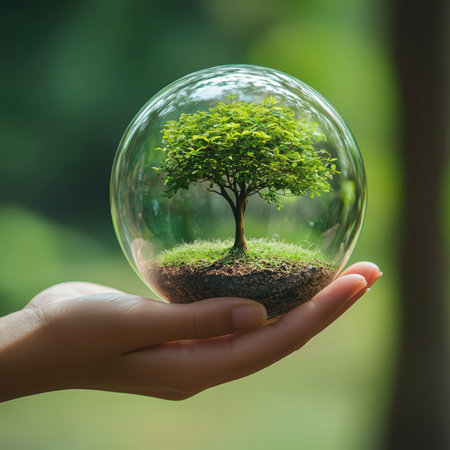 Concept illustration of a hand holds a glass sphere with a tree on a forest background, an environmental concept for Earth Day.の素材