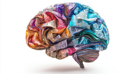 Concept illustration of the colorful paper brain made from newspaper pages symbolizes the creative process and the multifaceted nature of consciousness.の素材