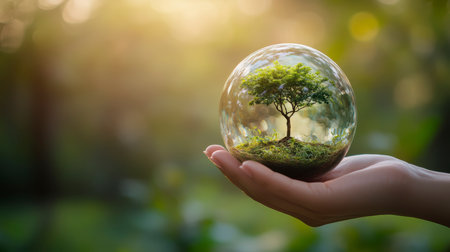 Concept illustration of a hand holds a glass sphere with a tree on a forest background, an environmental concept for Earth Day.の素材
