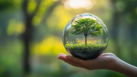Concept illustration of a hand holds a glass sphere with a tree on a forest background, an environmental concept for Earth Day.の素材