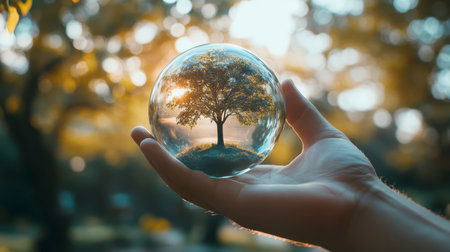 Concept illustration of a hand holds a glass sphere with a tree on a forest background, an environmental concept for Earth Day.の素材
