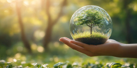 Concept illustration of a hand holds a glass sphere with a tree on a forest background, an environmental concept for Earth Day.の素材