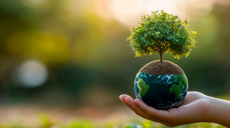 Concept illustration of the hand holds the globe of the Earth with a growing tree, the concept of ecology and nature protection.の素材