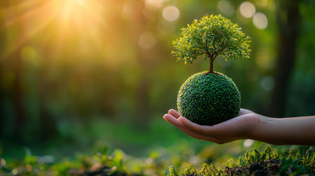 Concept illustration of the hand holds the globe of the Earth with a growing tree, the concept of ecology and nature protection.の素材