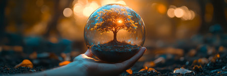 Concept illustration of a hand holds a glass sphere with a tree on a forest background, an environmental concept for Earth Day.の素材