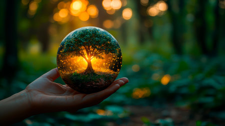 Concept illustration of a hand holds a glass sphere with a tree on a forest background, an environmental concept for Earth Day.の素材