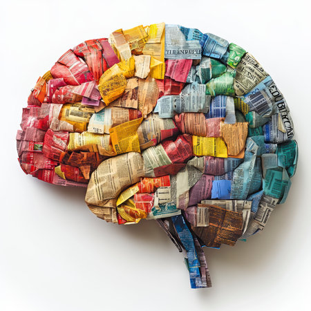 Concept illustration of the colorful paper brain made from newspaper pages symbolizes the creative process and the multifaceted nature of consciousness.の素材