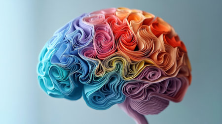 Concept illustration of the colorful paper brain made from newspaper pages symbolizes the creative process and the multifaceted nature of consciousness.の素材
