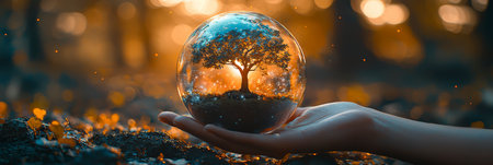 Concept illustration of a hand holds a glass sphere with a tree on a forest background, an environmental concept for Earth Day.の素材