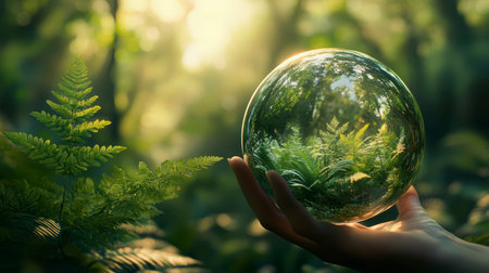 Concept illustration of the hand holds the globe of the Earth with a growing tree, the concept of ecology and nature protection.の素材