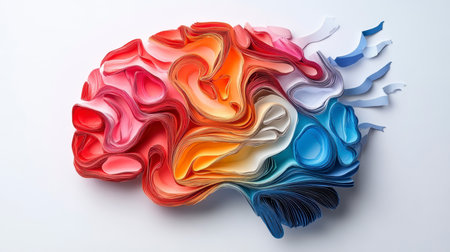 Concept illustration of the colorful paper brain made from newspaper pages symbolizes the creative process and the multifaceted nature of consciousness.の素材
