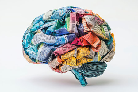 Concept illustration of the colorful paper brain made from newspaper pages symbolizes the creative process and the multifaceted nature of consciousness.の素材