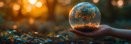 Concept illustration of a hand holds a glass sphere with a tree on a forest background, an environmental concept for Earth Day.の素材