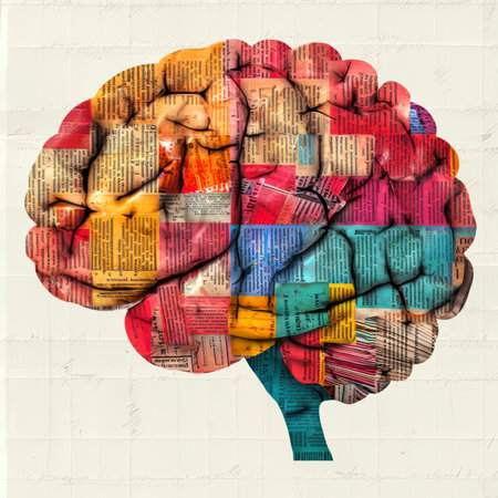 Concept illustration of the colorful paper brain made from newspaper pages symbolizes the creative process and the multifaceted nature of consciousness.の素材