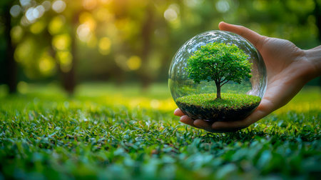 Concept illustration of a hand holds a glass sphere with a tree on a forest background, an environmental concept for Earth Day.の素材