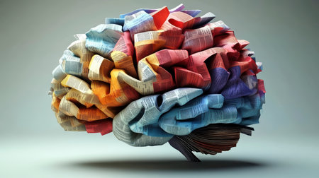 Concept illustration of the colorful paper brain made from newspaper pages symbolizes the creative process and the multifaceted nature of consciousness.の素材