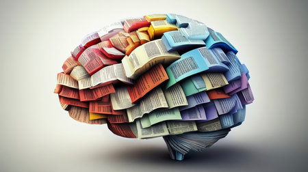 Concept illustration of the colorful paper brain made from newspaper pages symbolizes the creative process and the multifaceted nature of consciousness.の素材