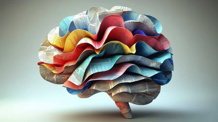 Concept illustration of the colorful paper brain made from newspaper pages symbolizes the creative process and the multifaceted nature of consciousness.の素材